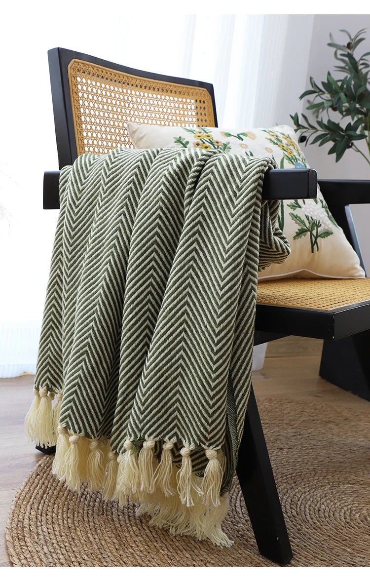 Traditional Luxury Geometric Knitted Blanket Throw With Tassels - Sage Green, Beige, Orange & Yellow