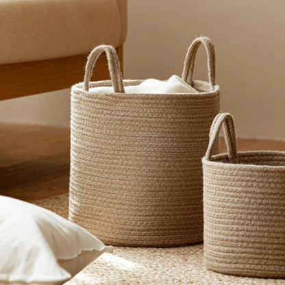 Handmade Round Woven Cotton Rope Foldable Basket with Handles - Beige & White