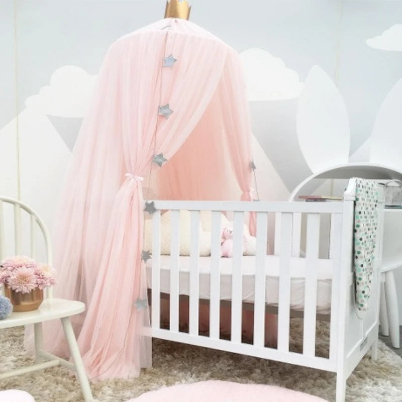 Kids Tulle Bed Canopy with Star Decoration - White, Beige, Pink, Grey, Blue & Purple