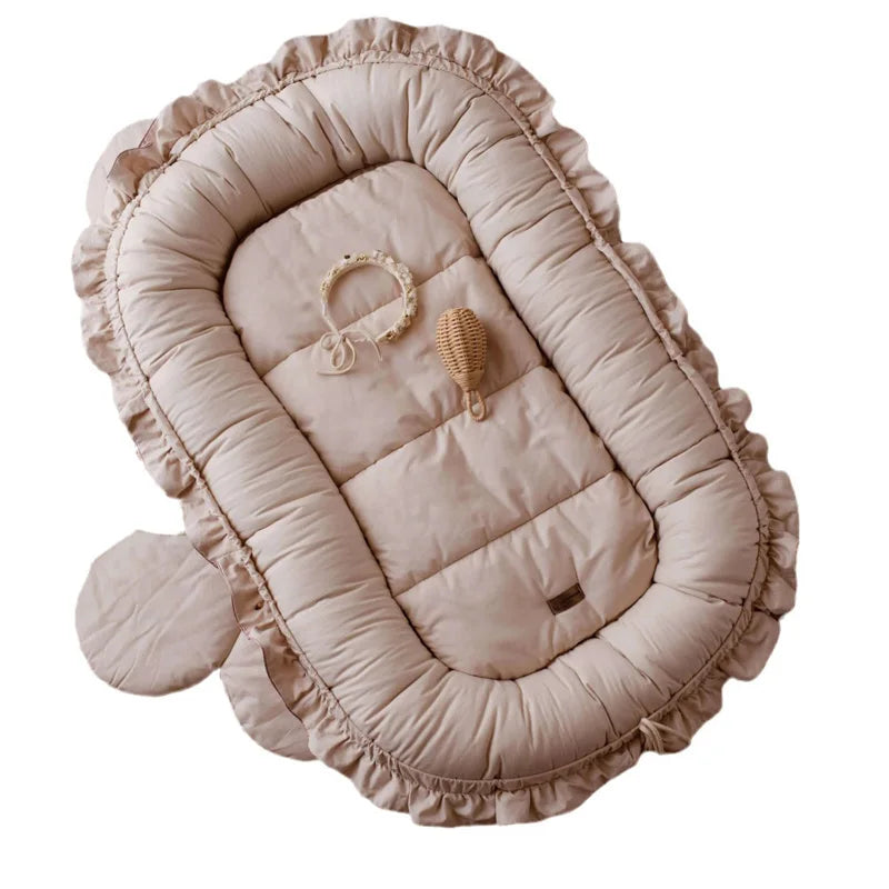 Decorative Portable Padded Lounger Baby Nest Pod & Bed with Frill Detail in Beige