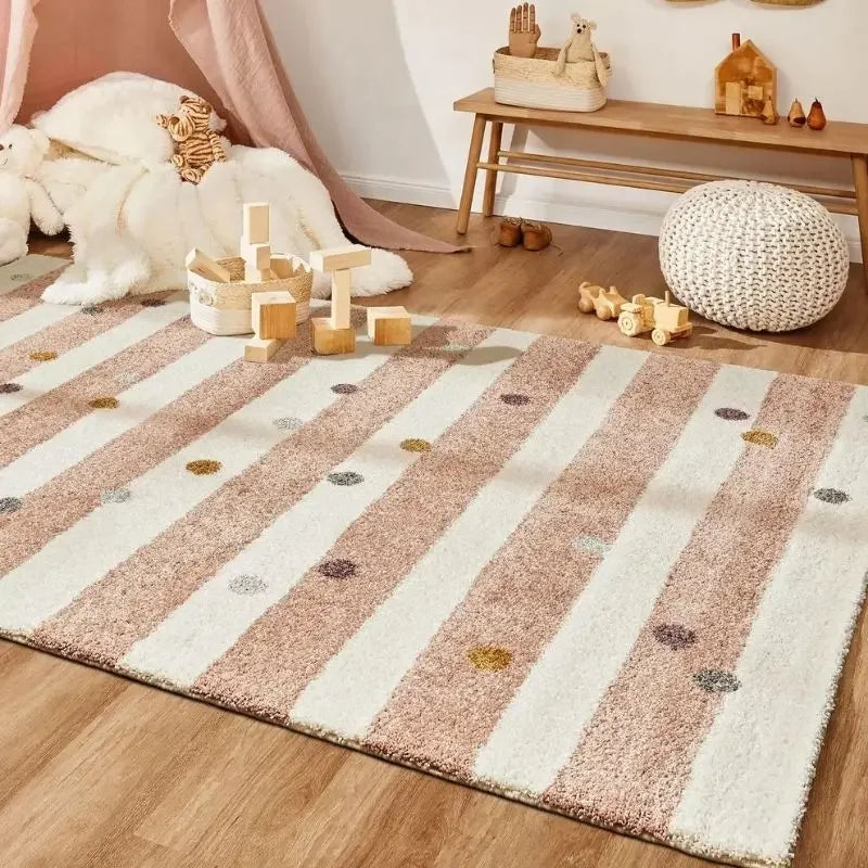 Striped Soft Rectangular White Play Mat For Children's Room with Colourful Dot Detail - 5 Sizes