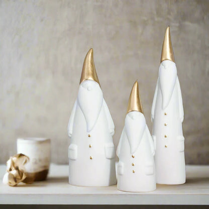 Set of 3 Decorative White & Gold Ceramic Santa Figurines