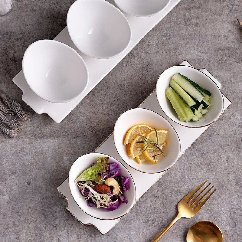 Set of 3 White Ceramic Ingot Dessert, Fruit & Snack Bowls with Plate - Gold & White