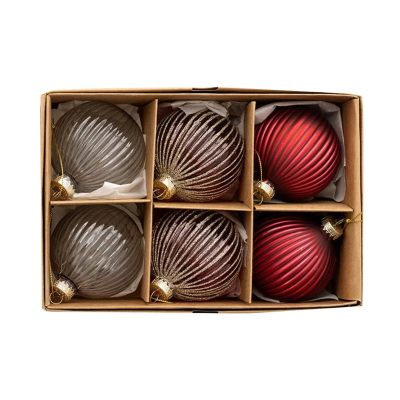 Set of 6 Luxurious Glass Christmas Tree Baubles 6cm - Burgundy, Champagne & Grey