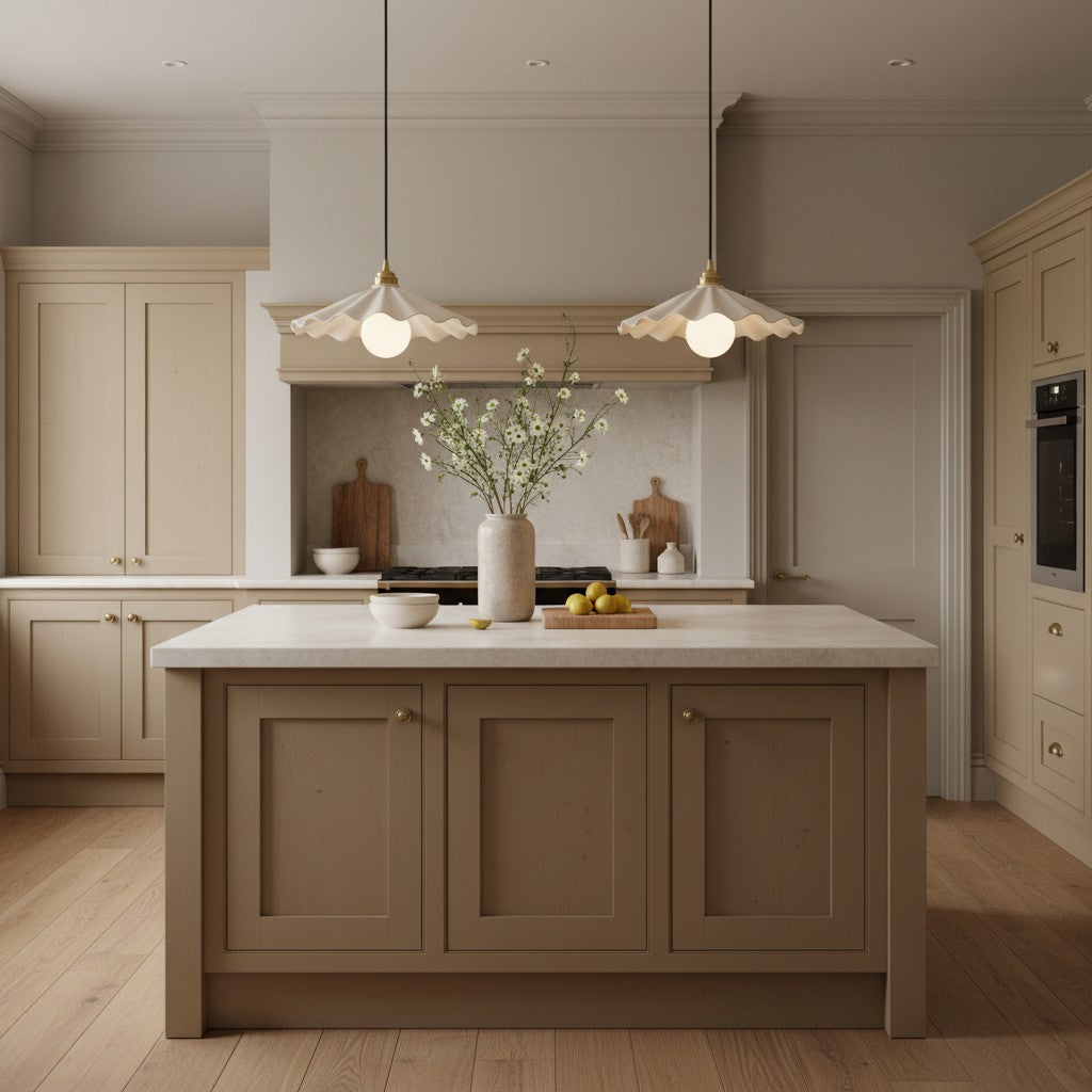 A styled kitchen interior with a central island in muted taupe, cream cabinetry, a white marble countertop, pendant lights, and a vase of white flowers on the counter.