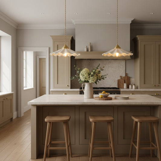A modern kitchen island with a marble countertop, three wooden bar stools, and two hanging pendant lights in a bright, neutral-toned kitchen.