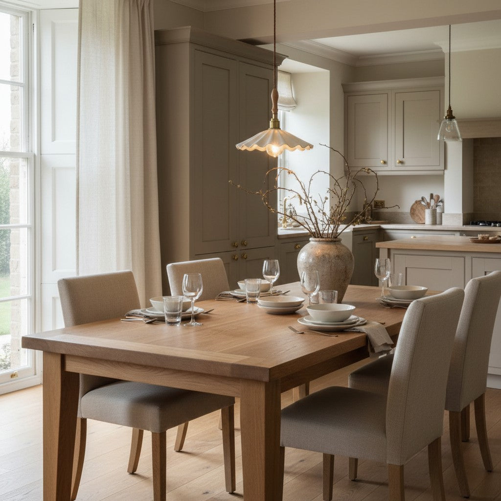 A warm, modern dining room scene featuring a light oak wood dining table set with white tableware and surrounded by six upholstered dining chairs in a neutral beige tone. The background shows a contemporary kitchen with grey cabinets and pendant lights.