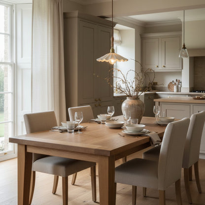 A warm, modern dining room scene featuring a light oak wood dining table set with white tableware and surrounded by six upholstered dining chairs in a neutral beige tone. The background shows a contemporary kitchen with grey cabinets and pendant lights.