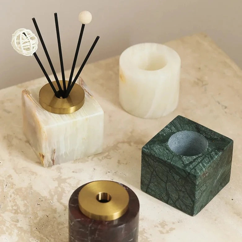 Handmade Square Luxury Natural Marble Home Fragrance Diffuser - White, Green & Brown Marble