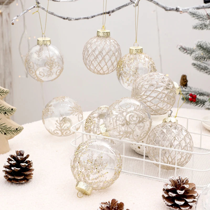 Set of 9 Round Shatterproof Christmas Tree Glitter Baubles - White, Champagne, Red & Green