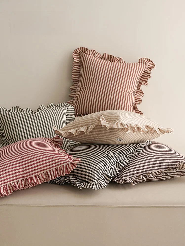 Soft Ruffled Pure Striped Cotton Cushion Covers with Frill Detail - 6 Colours