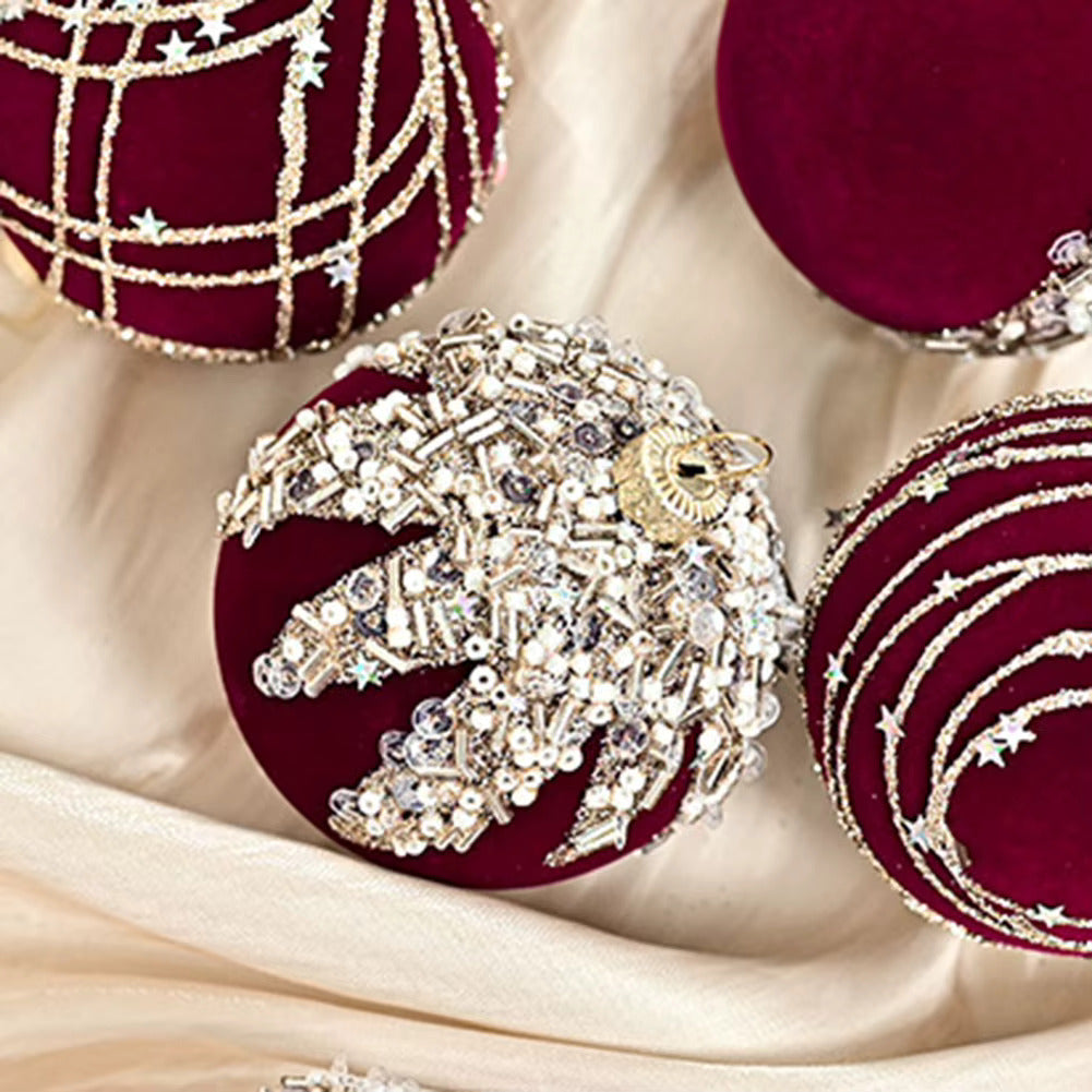 Set of 12 Velvet & Glitter Shatterproof Christmas Tree Baubles 6cm - Burgundy, Green & Cream