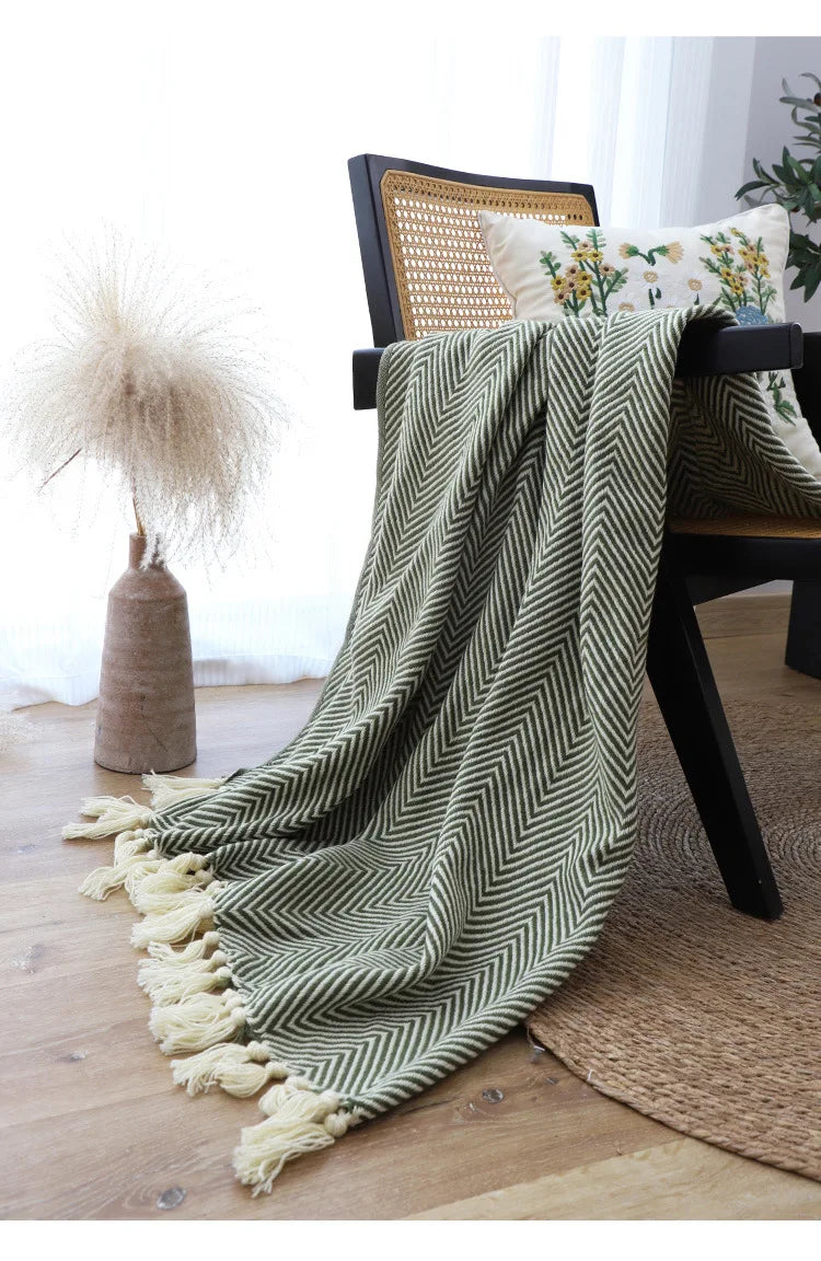 Traditional Luxury Geometric Knitted Blanket Throw With Tassels - Sage Green, Beige, Orange & Yellow