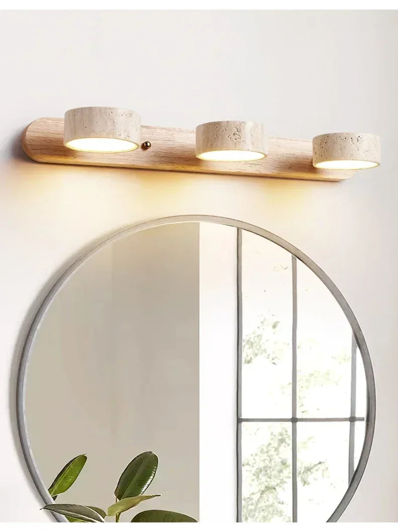 Wabi Sabi Travertine Round Rotating Mirror & Bathroom Wall Light - 3 Sizes