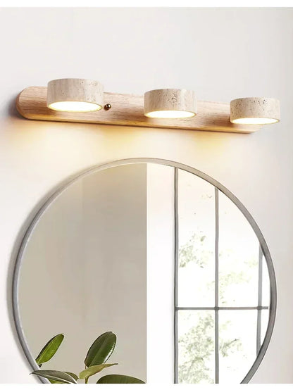 Wabi Sabi Travertine Round Rotating Mirror & Bathroom Wall Light - 3 Sizes