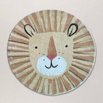 Beige Animal Playmat Children's Room Round Lion Rug - 3 Sizes
