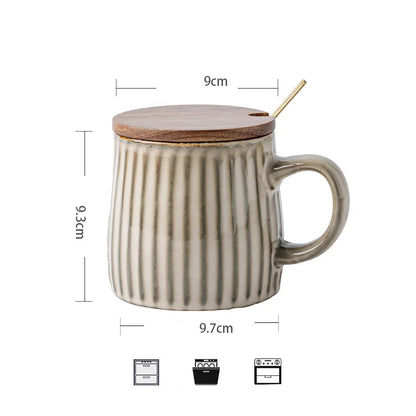 Large Handmade Ceramic Ripple Mug with Wooden Lid - Beige & Grey