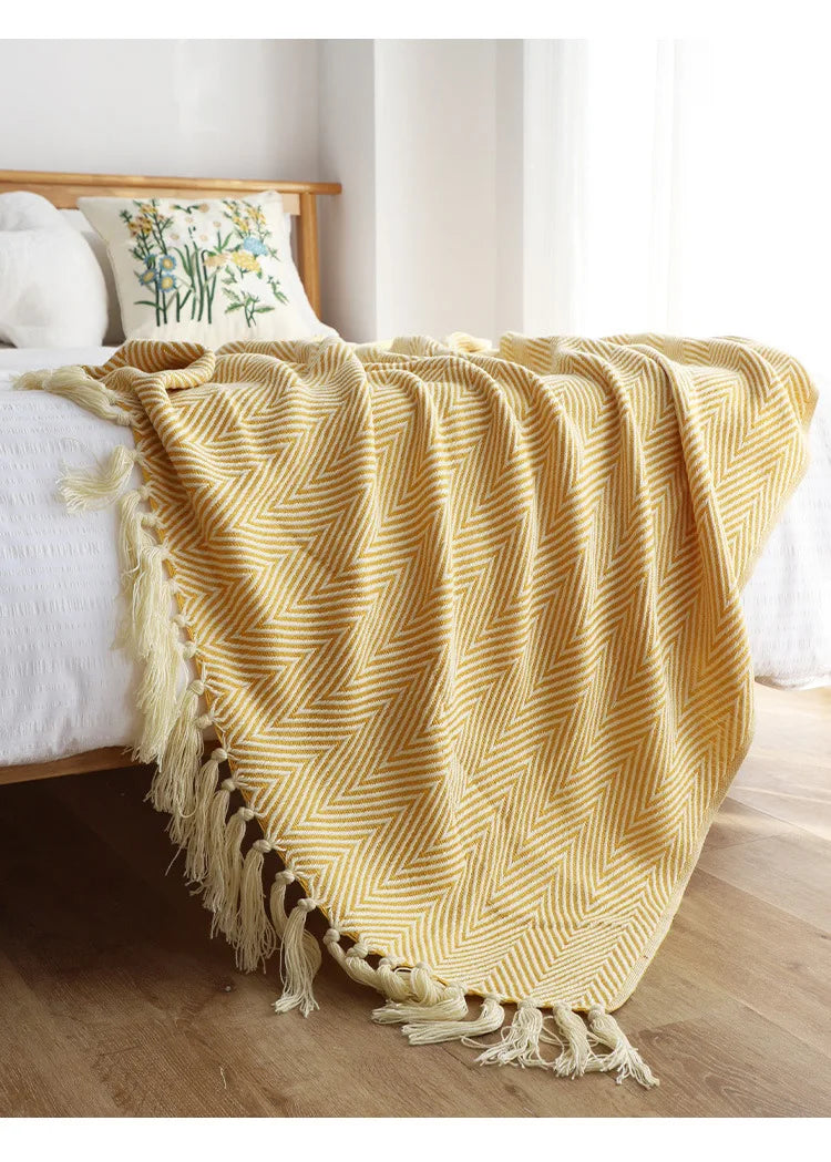 Traditional Luxury Geometric Knitted Blanket Throw With Tassels - Sage Green, Beige, Orange & Yellow