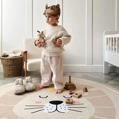 Light Beige Animal Playmat Children's Room Round Lion Rug - 3 Sizes