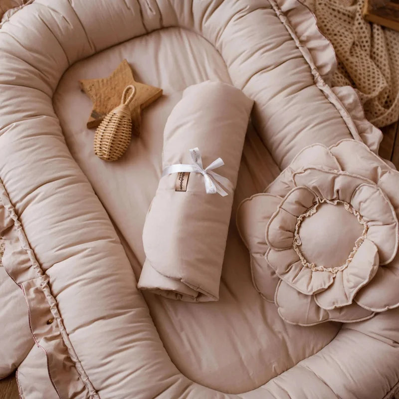 Decorative Portable Padded Lounger Baby Nest Pod & Bed with Frill Detail in Beige