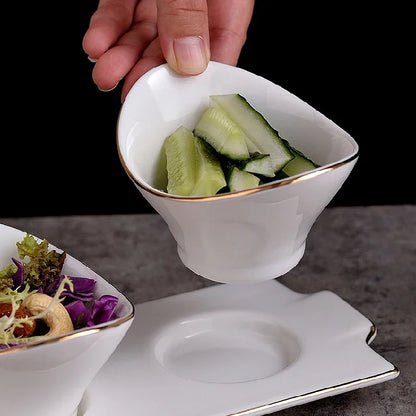 Set of 3 White Ceramic Ingot Dessert, Fruit & Snack Bowls with Plate - Gold & White