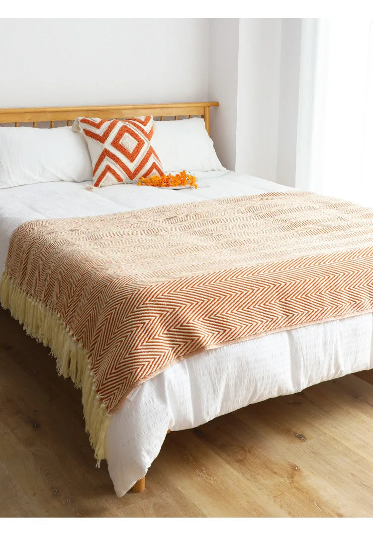 Traditional Luxury Geometric Knitted Blanket Throw With Tassels - Sage Green, Beige, Orange & Yellow