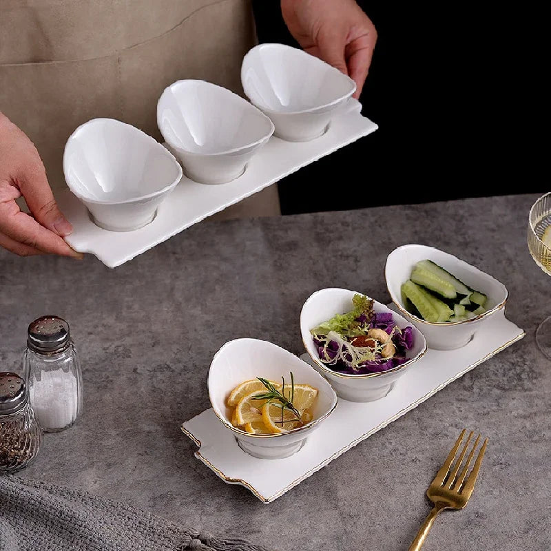 Set of 3 White Ceramic Ingot Dessert, Fruit & Snack Bowls with Plate - Gold & White