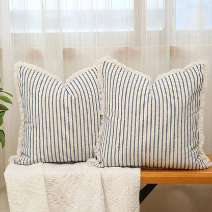 Decorative Nordic Striped Jacquard Cotton Cushion Covers With White Frill Detail - 4 Colours