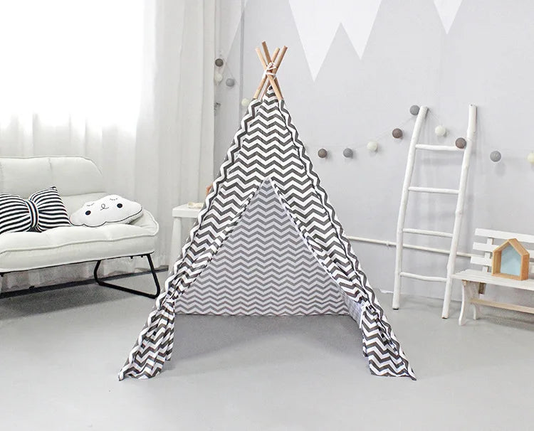 Grey Indoor & Outdoor Tipi Play Tent for Children With Stripes