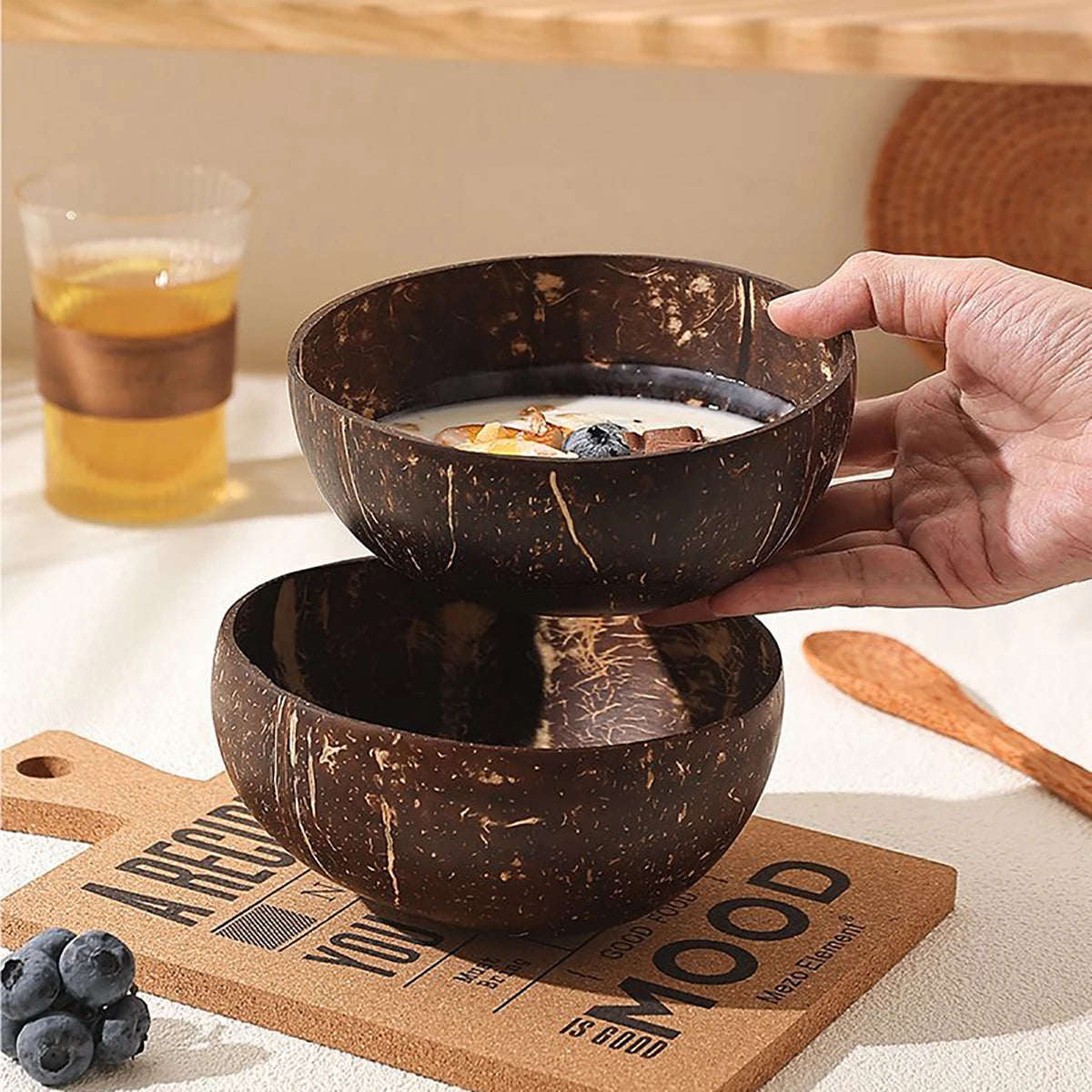 Set of 2 & 4 Eco Friendly Wooden Coconut Serving Bowls with Wooden Spoon - 3 Sizes