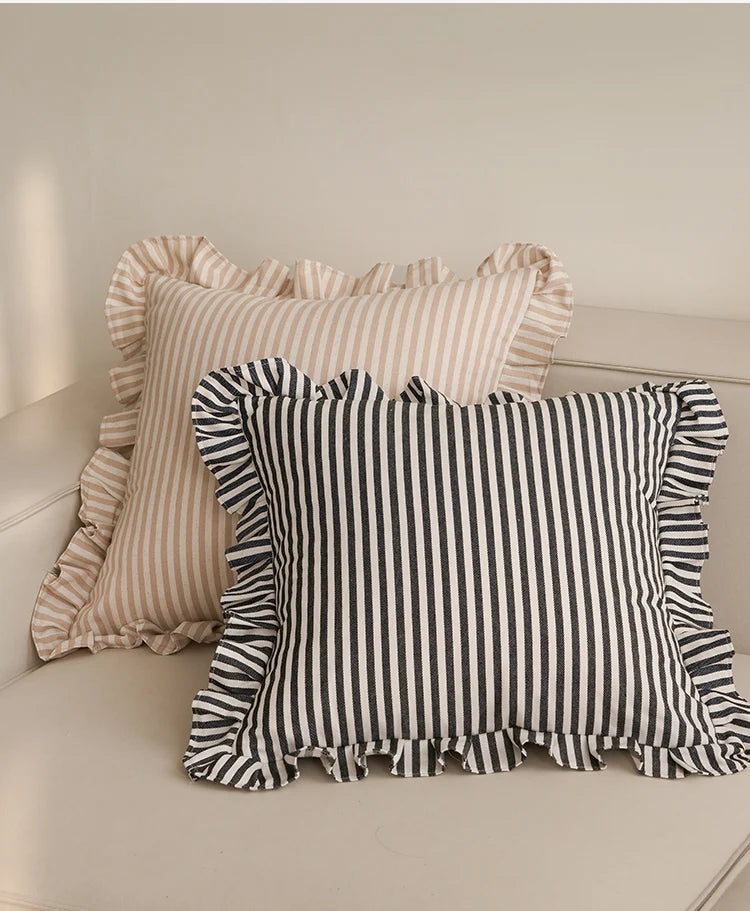 Soft Ruffled Pure Striped Cotton Cushion Covers with Frill Detail - 6 Colours