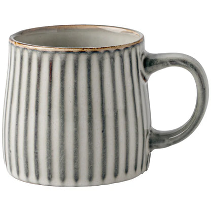 Large Handmade Ceramic Ripple Mug with Wooden Lid - Beige & Grey