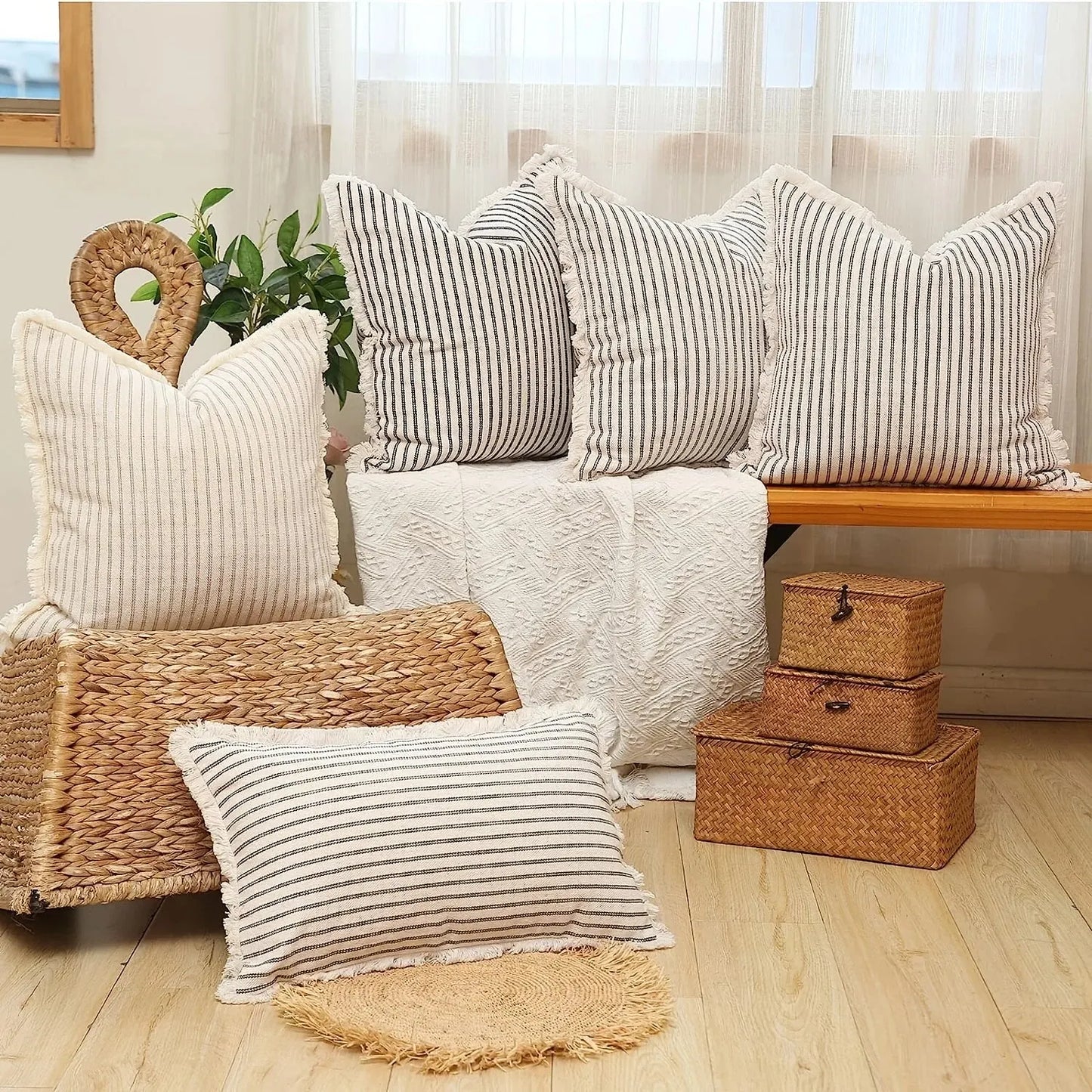 Decorative Nordic Striped Jacquard Cotton Cushion Covers With White Frill Detail - 4 Colours