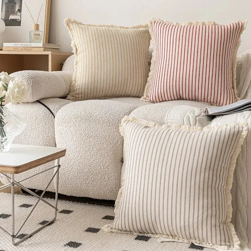 Decorative Nordic Striped Jacquard Cotton Cushion Covers With White Frill Detail - 4 Colours