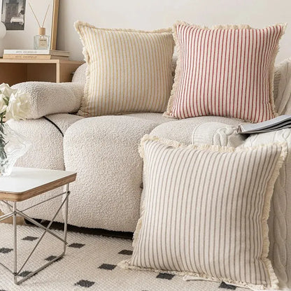 Decorative Nordic Striped Jacquard Cotton Cushion Covers With White Frill Detail - 4 Colours