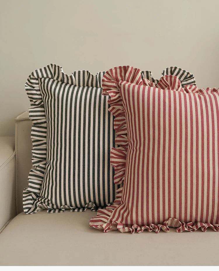Soft Ruffled Pure Striped Cotton Cushion Covers with Frill Detail - 6 Colours