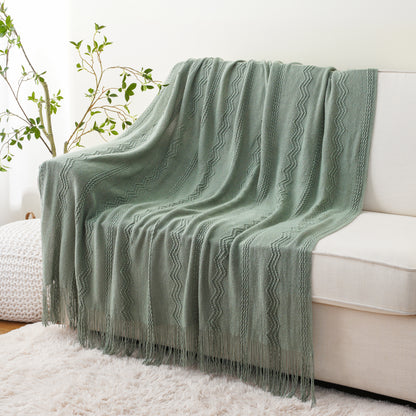 Nordic Knitted Crocheted Diamond Jacquard Throw Blanket with Tassels - 9 Colours