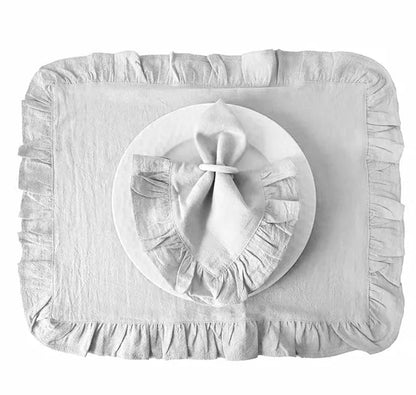 Set of 4 Flounced Cotton Ruffle Napkins & Placemats - White, Grey & Beige Lilly & Lula