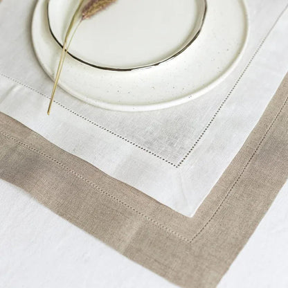 Set of 6 Hemstitch Cotton & Linen Napkins & Table Placemats - White & Khaki Lilly & Lula