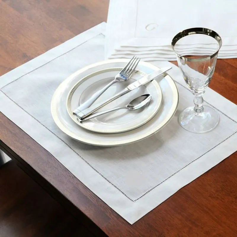 Set of 6 Hemstitch Cotton & Linen Napkins & Table Placemats - White & Khaki Lilly & Lula