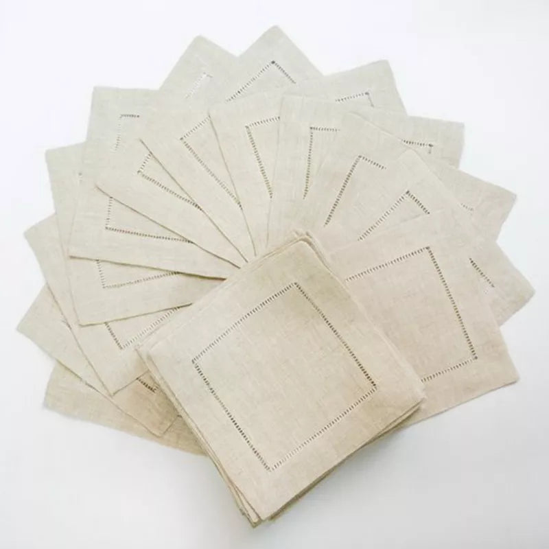 Set of 6 Hemstitch Cotton & Linen Napkins & Table Placemats - White & Khaki Lilly & Lula