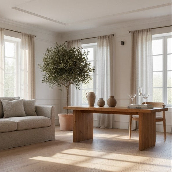 A split-view interior design scene showing a light gray sofa in a bright living room with wood furniture, large windows, curtains, and a potted tree. The lower half is a closer view of the sofa and coffee table with wine glasses and decor.