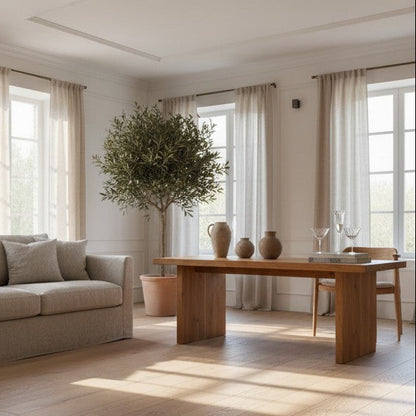 A split-view interior design scene showing a light gray sofa in a bright living room with wood furniture, large windows, curtains, and a potted tree. The lower half is a closer view of the sofa and coffee table with wine glasses and decor.