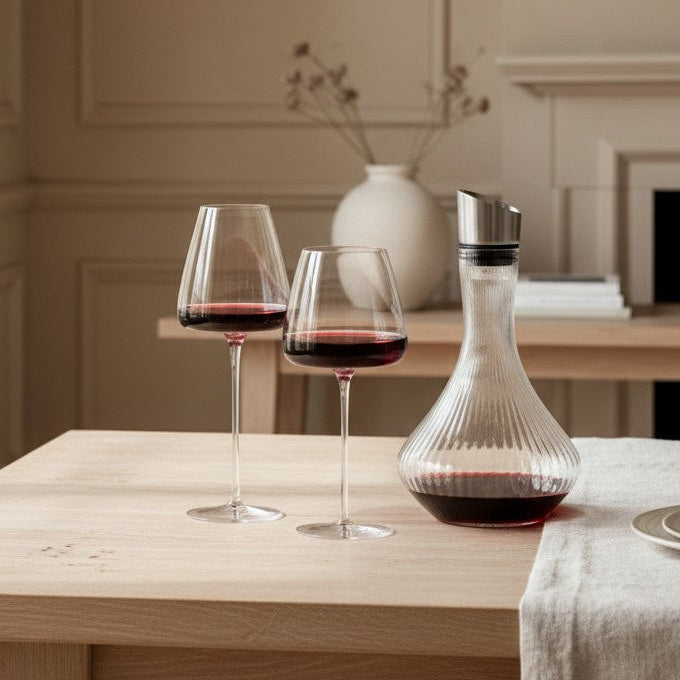 Two wine glasses with red wine and a decanter on a wooden table in a elegant room.