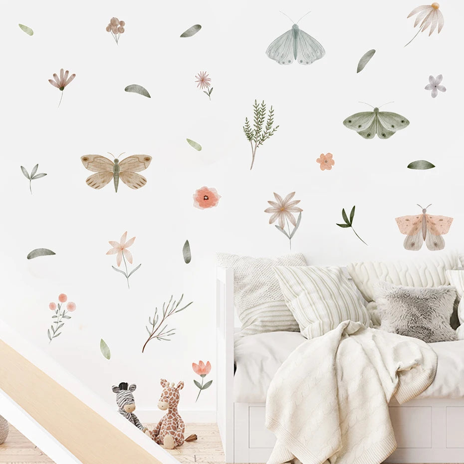 Playful Watercolour Wonders Wall Stickers: Hand Drawn Butterflies & Flowers