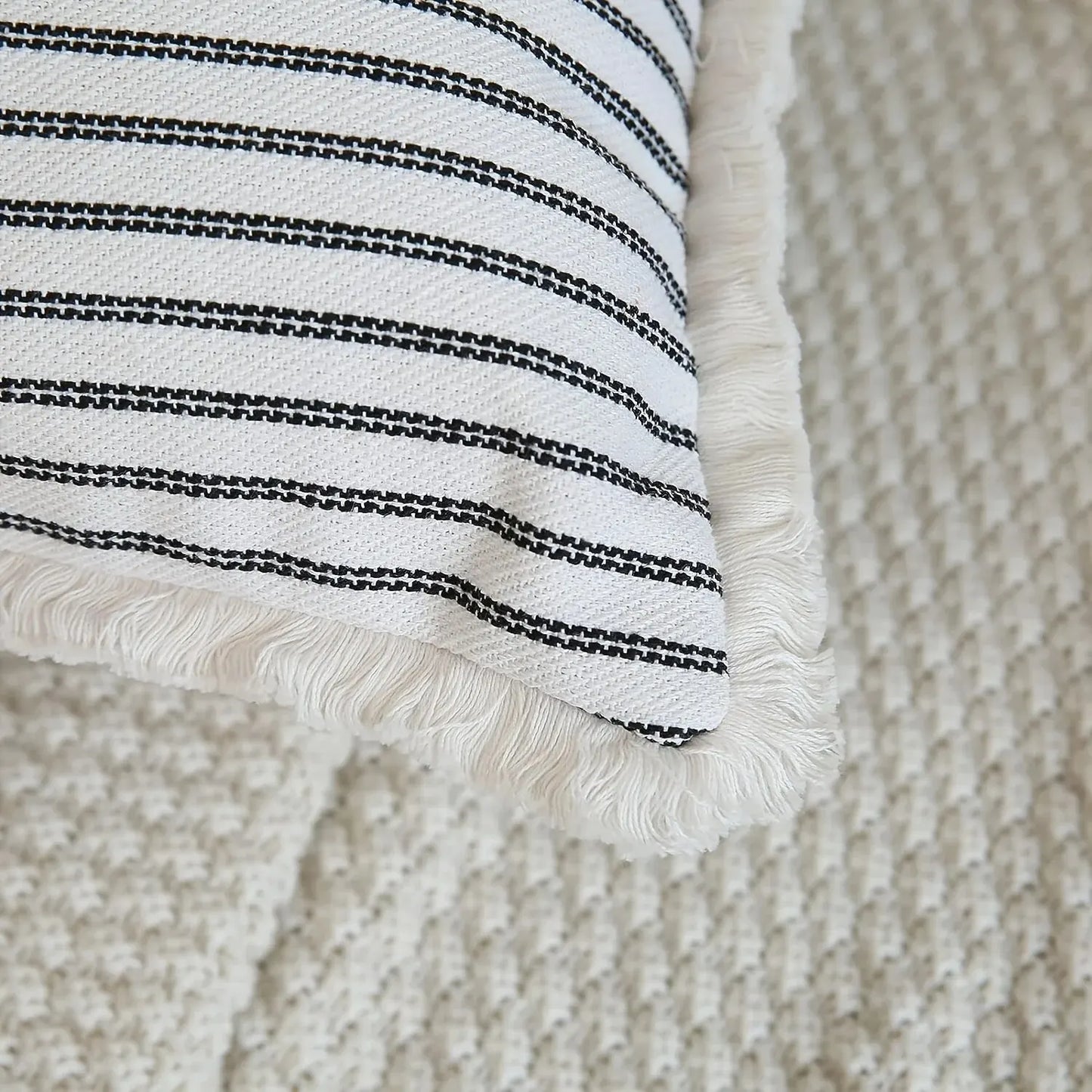 Decorative Nordic Striped Jacquard Cotton Cushion Covers With White Frill Detail - 4 Colours