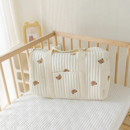 Large White Embroidery Baby Nappy Changing Washbag with Shoulder Strap - Bear
