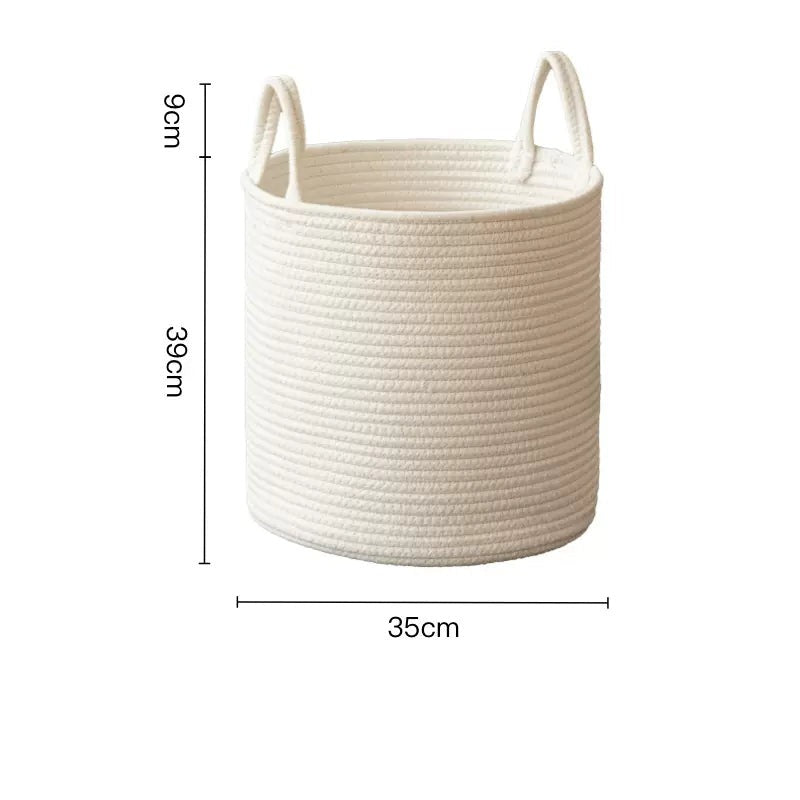 Handmade Round Woven Cotton Rope Foldable Basket with Handles - Beige & White