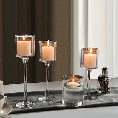 Set of 3 Clear Glass Pillar Candleholders