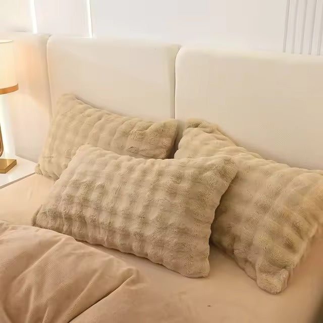 Super Soft Fluffy Luxury Rabbit Faux Fur Wave Cushion Cover - Ivory, Beige & Grey